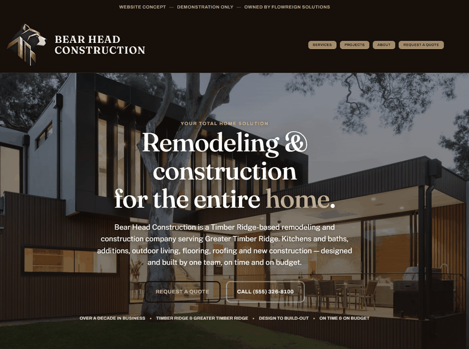 Bear Head Construction website concept — a home services contractor site built by FlowReign Solutions, sample concept only.