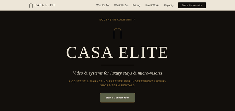 Casa Elite website — a luxury short-term rental marketing site built by FlowReign Solutions for a real client.